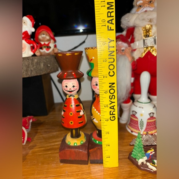 Vintage handmade folk art Christmas candle holders.  Set of 2.  Wooden. - Picture 5 of 6